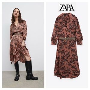 NWT ZARA ZEBRA BELTED SATIN DRESS MED